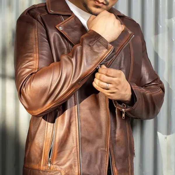 Mens Motorcycle Brown Asymmetric Biker Leather Jacket