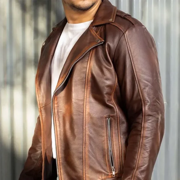 Mens Motorcycle Brown Asymmetric Biker Leather Jacket