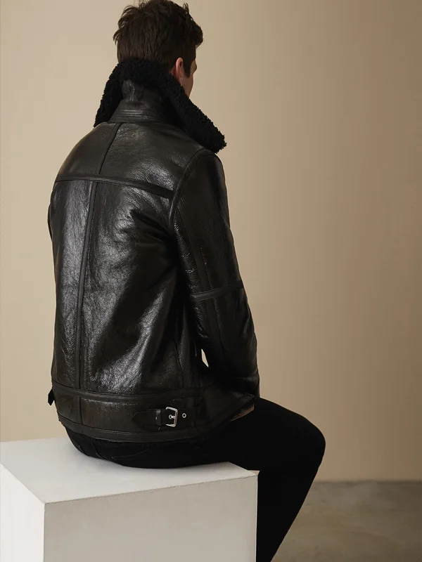 Men Black Shearling Bomber Leather Jacket Men Black Shearling Bomber Leather Jacket