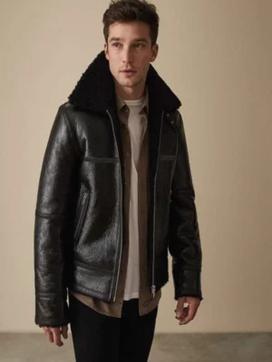 Men Black Shearling Bomber Leather Jacket
