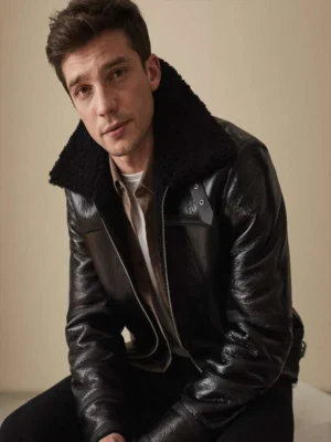 Men Black Shearling Bomber Leather Jacket