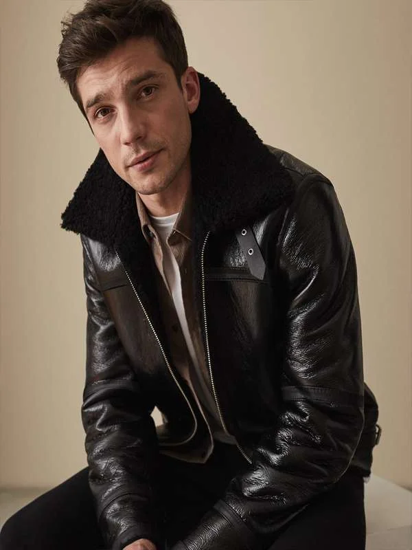 Men Black Shearling Bomber Leather Jacket Men Black Shearling Bomber Leather Jacket