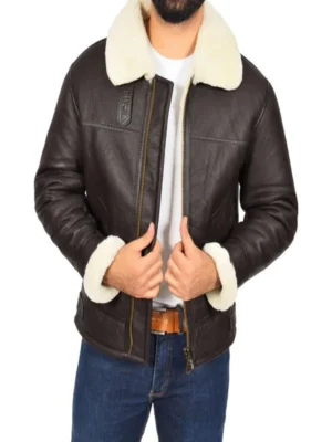 Men Dark Brown Shearling Leather Jacket
