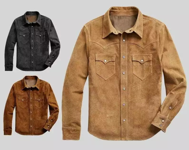 Men Suede Leather Trucker Premium Western Wear Shirt Men Suede Leather Trucker Premium Western Wear Shirt