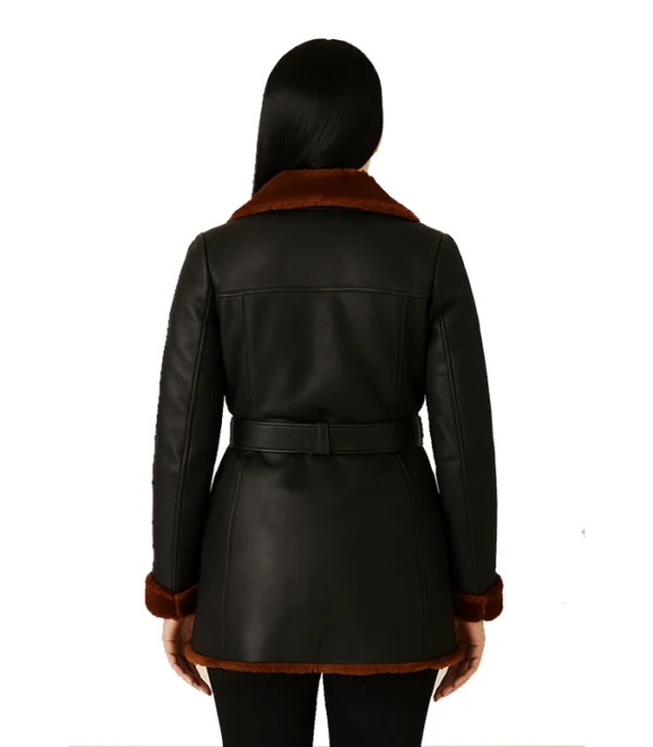 Women’s Black Leather Belted Shearling Coat