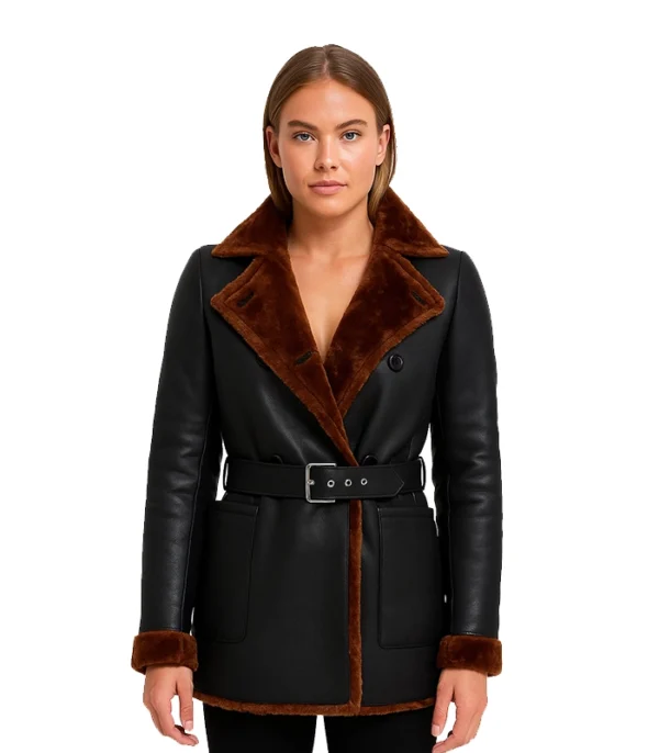 Women’s Black Leather Belted Shearling Coat