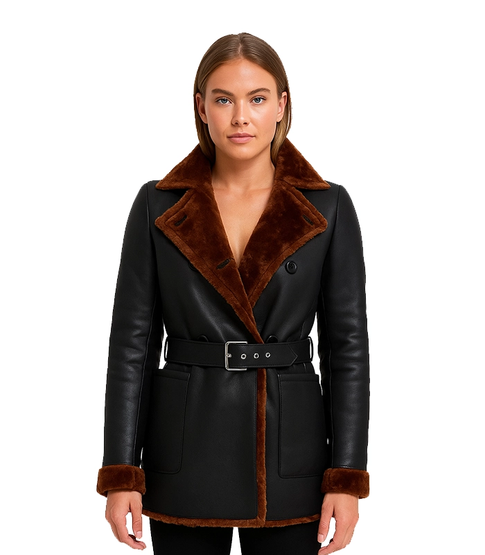 Women’s Black Leather Belted Shearling Coat Women’s Black Leather Belted Shearling Coat