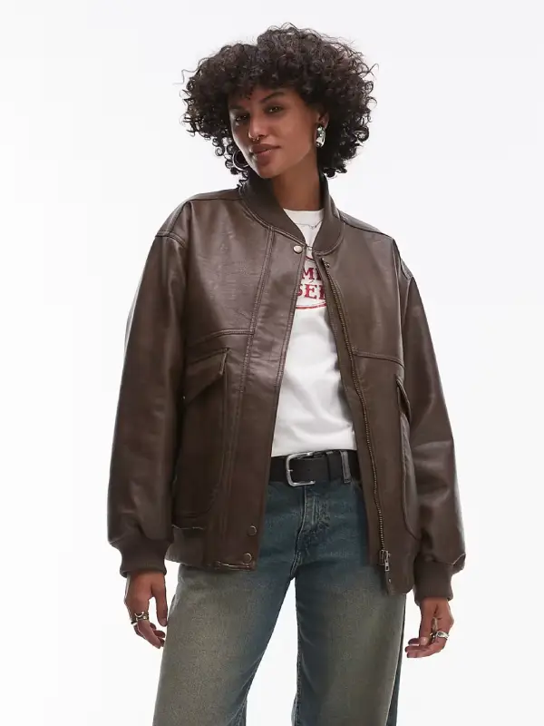 WomWomens Leather Oversized Bomber Jacketens-Brown-Faux-Leather-Oversized-Bomber-Jacket Womens Leather Oversized Bomber Jacket