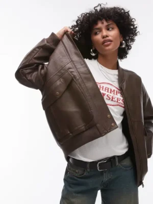 Womens Leather Oversized Bomber Jacket