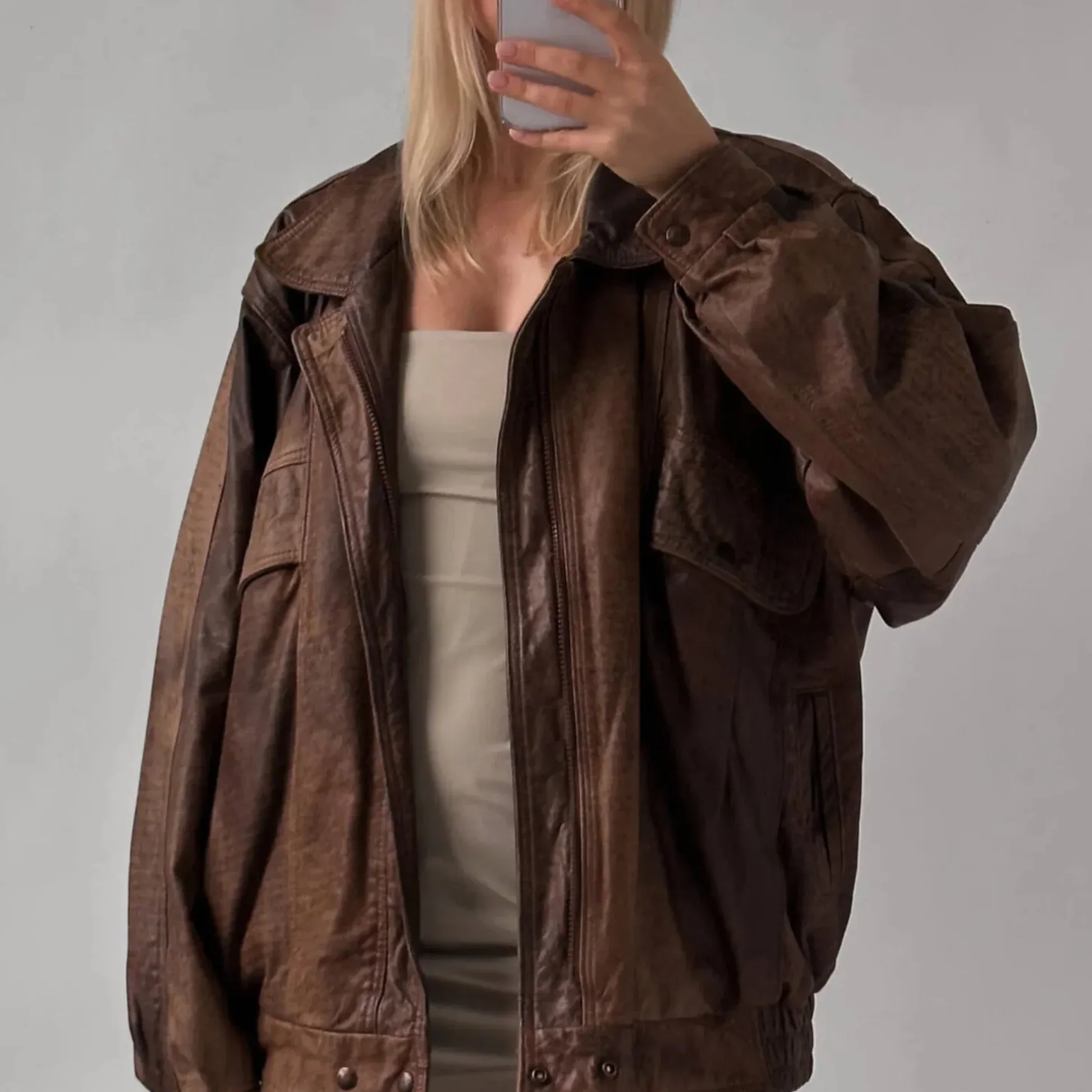 Women’s Oversize Vintage Brown Bomber Handmade Real Leather Jacket, Women’s Brown Oversized Leather Jacket
