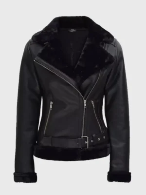 Women’s Black Asymmetrical Shearling Leather Jacket