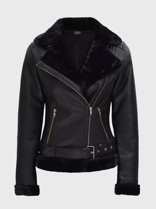 Women’s Black Asymmetrical Shearling Leather Jacket Women’s Black Asymmetrical Shearling Leather Jacket