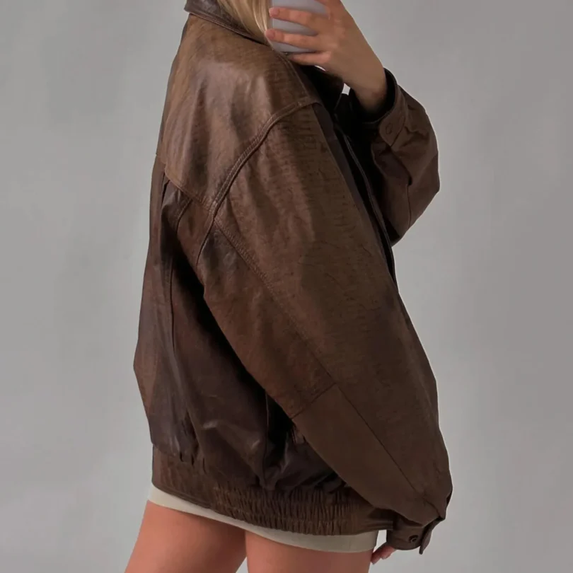 Women’s Oversize Vintage Brown Bomber Handmade Real Leather Jacket, Women’s Brown Oversized Leather Jacket