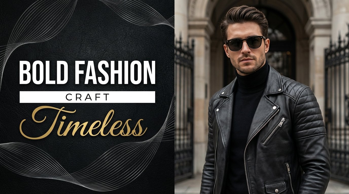 High-end male model wearing a quilted black leather moto jacket with 'Bold Fashion' and 'Timeless' branded text on a dark luxury background.